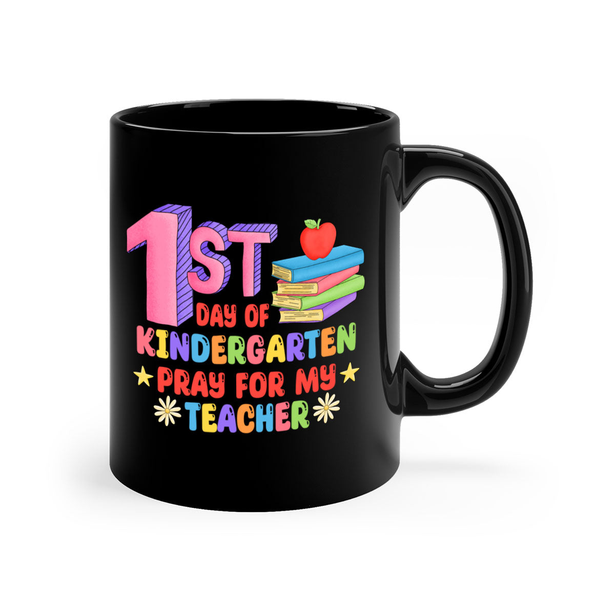 A colorful two-tone ceramic mug featuring the text '1st day of Kindergarten Pray 2#', available in multiple colors with a glossy finish.
