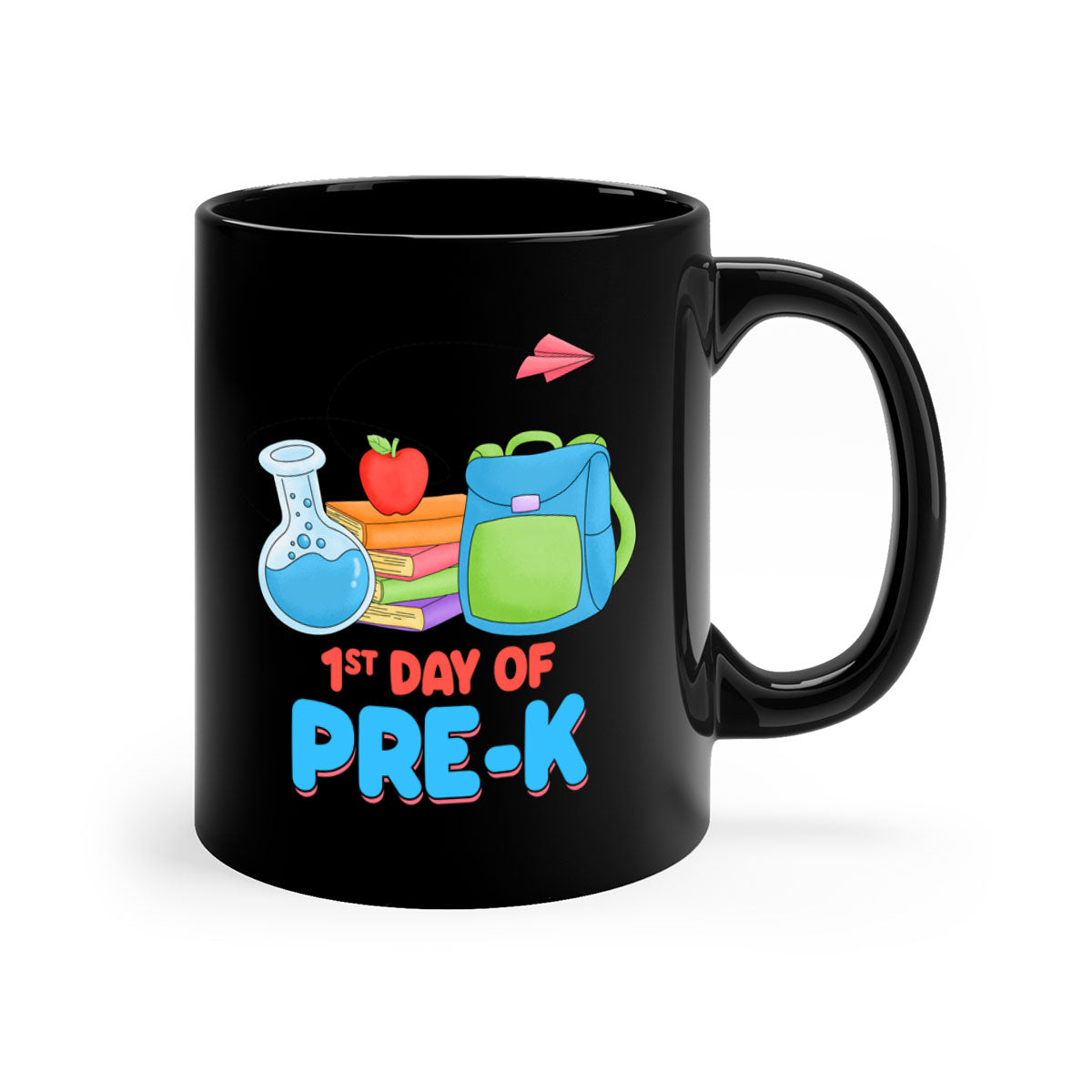 A two-tone ceramic coffee mug celebrating the 1st day of PreK, featuring a colored handle and glossy finish.