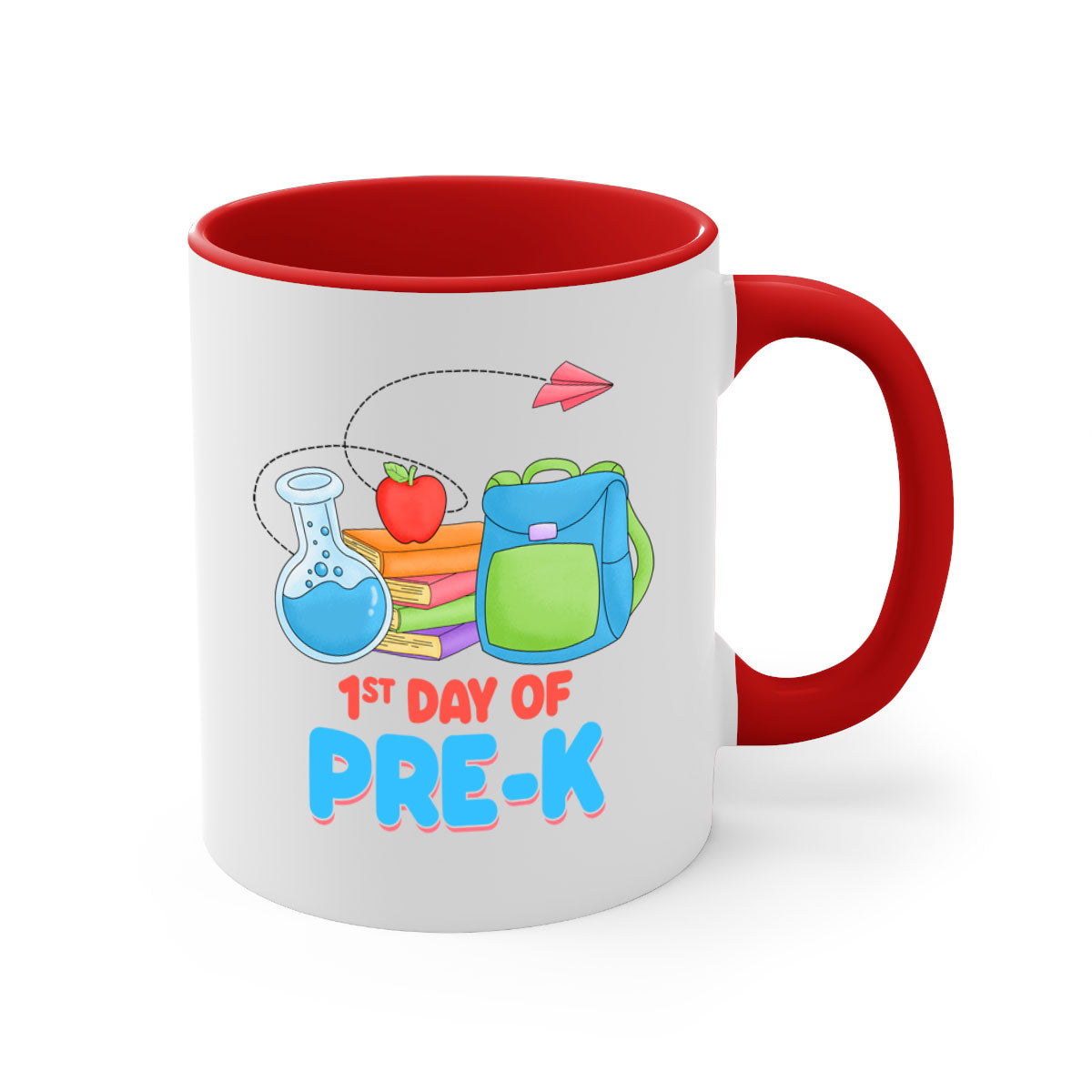 A two-tone ceramic coffee mug celebrating the 1st day of PreK, featuring a colored handle and glossy finish.