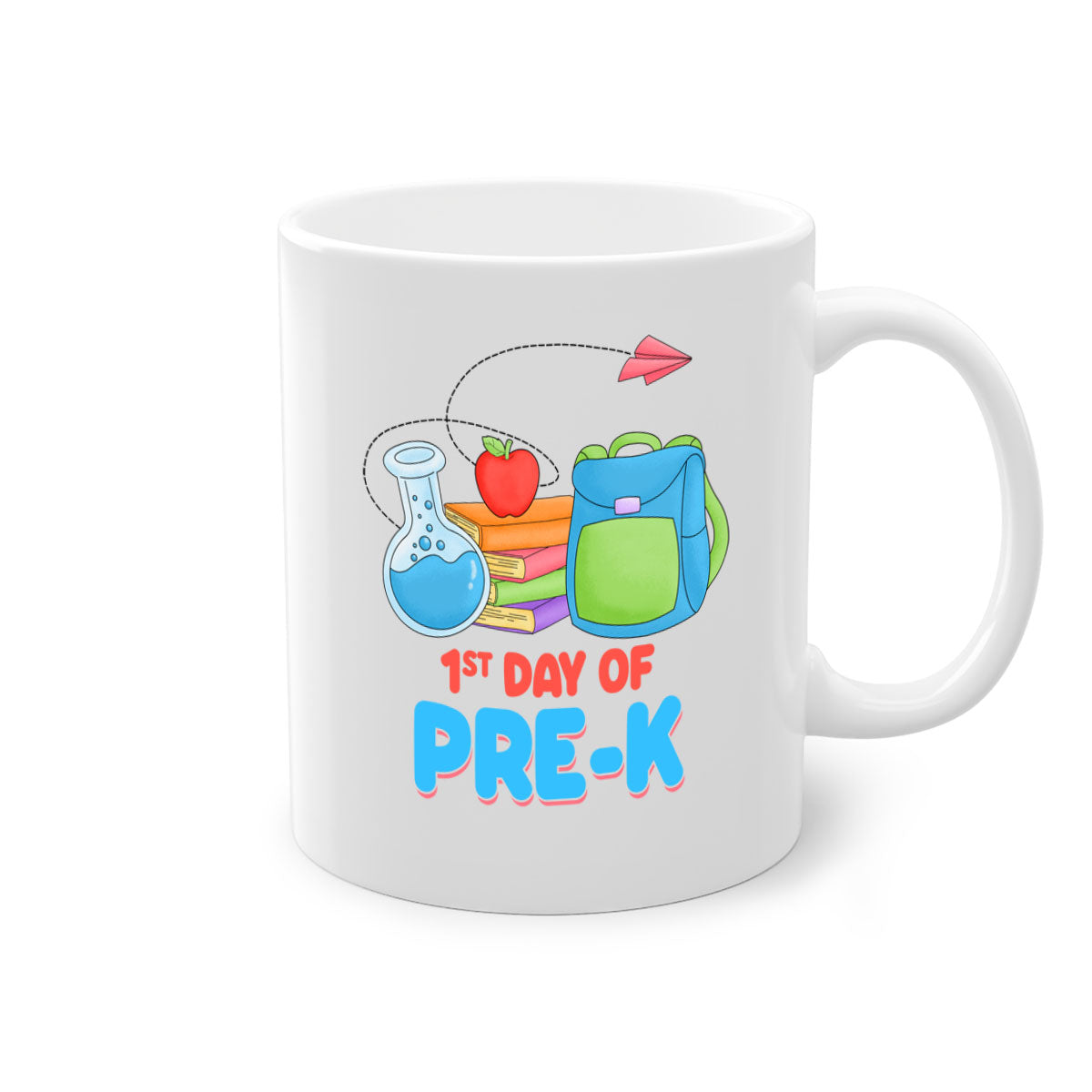 A two-tone ceramic coffee mug celebrating the 1st day of PreK, featuring a colored handle and glossy finish.