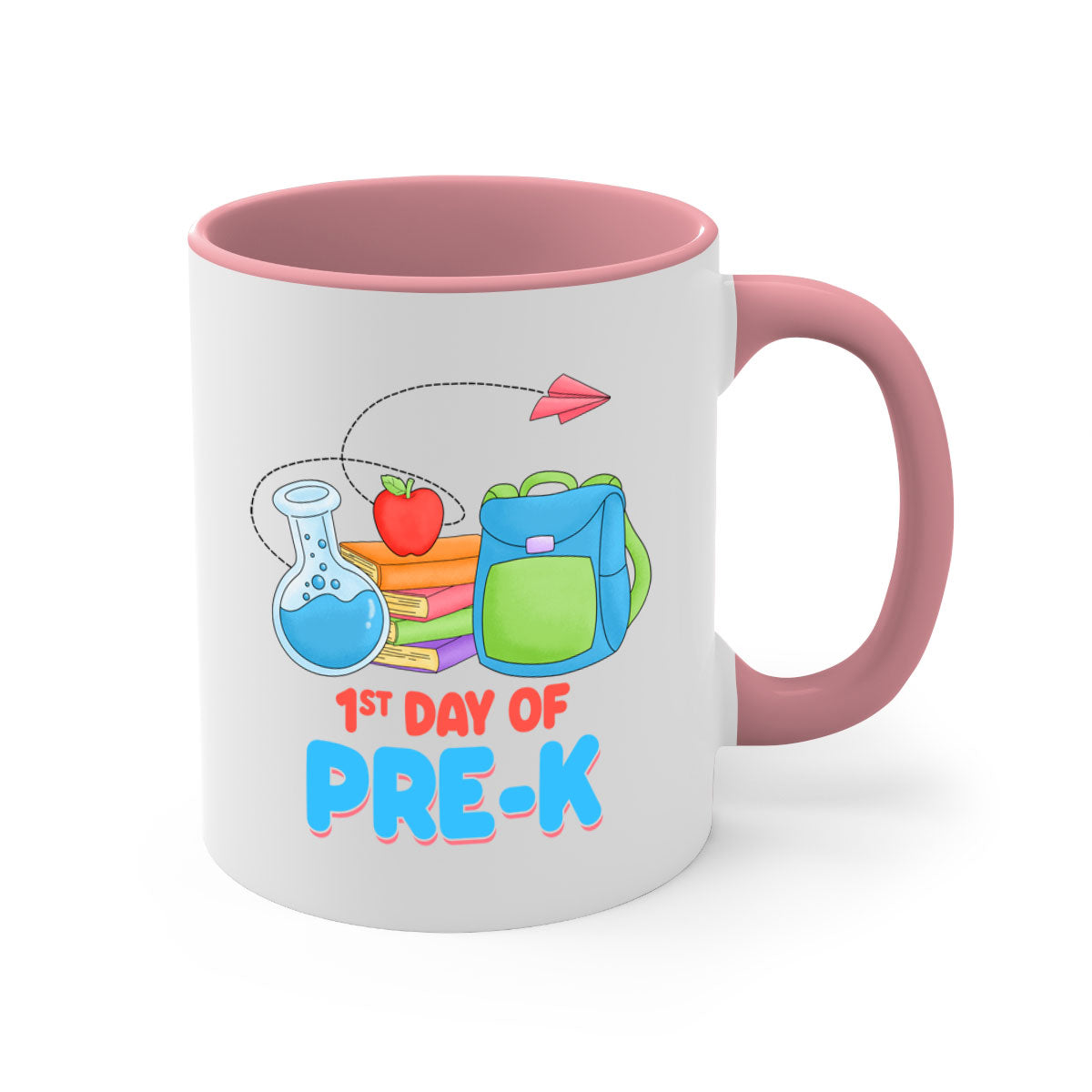 A two-tone ceramic coffee mug celebrating the 1st day of PreK, featuring a colored handle and glossy finish.