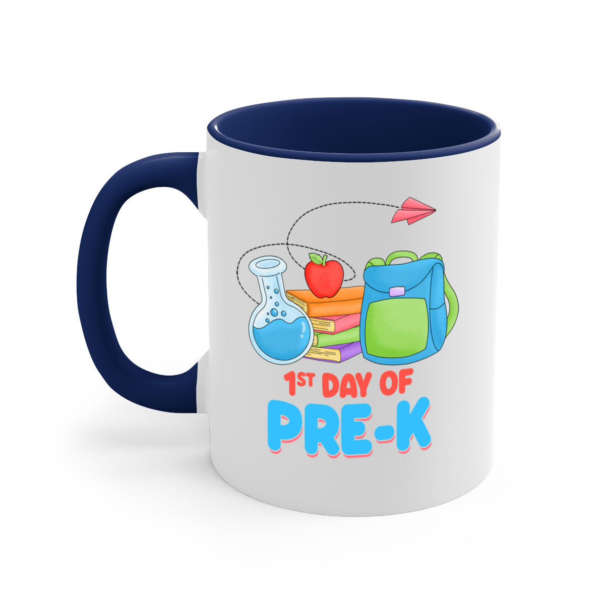 A two-tone ceramic coffee mug celebrating the 1st day of PreK, featuring a colored handle and glossy finish.