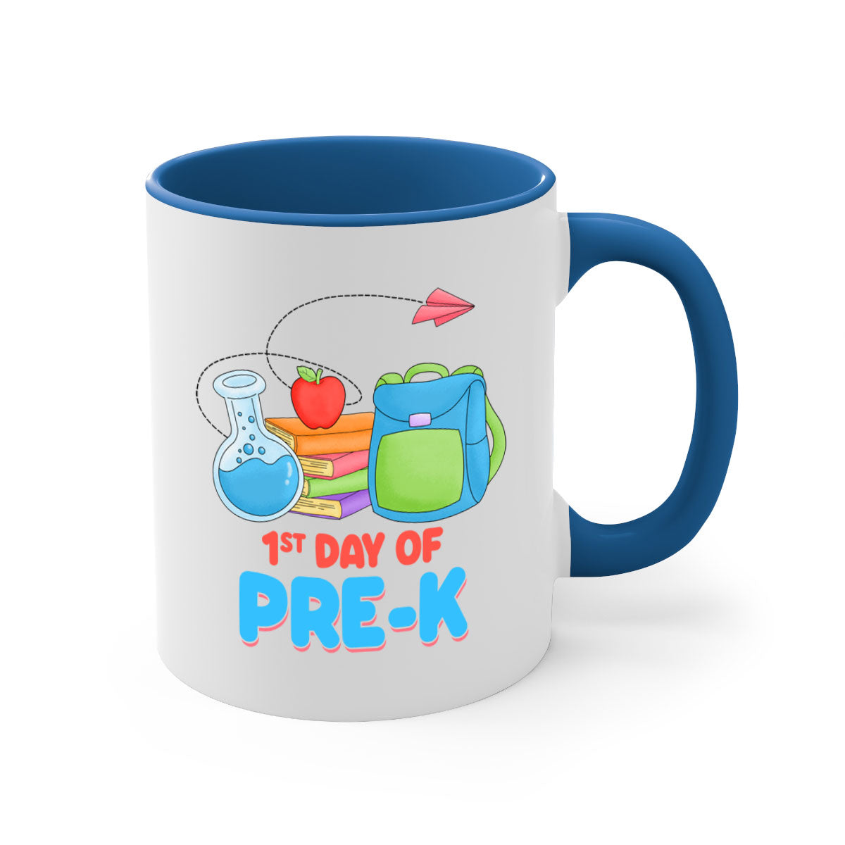 A two-tone ceramic coffee mug celebrating the 1st day of PreK, featuring a colored handle and glossy finish.