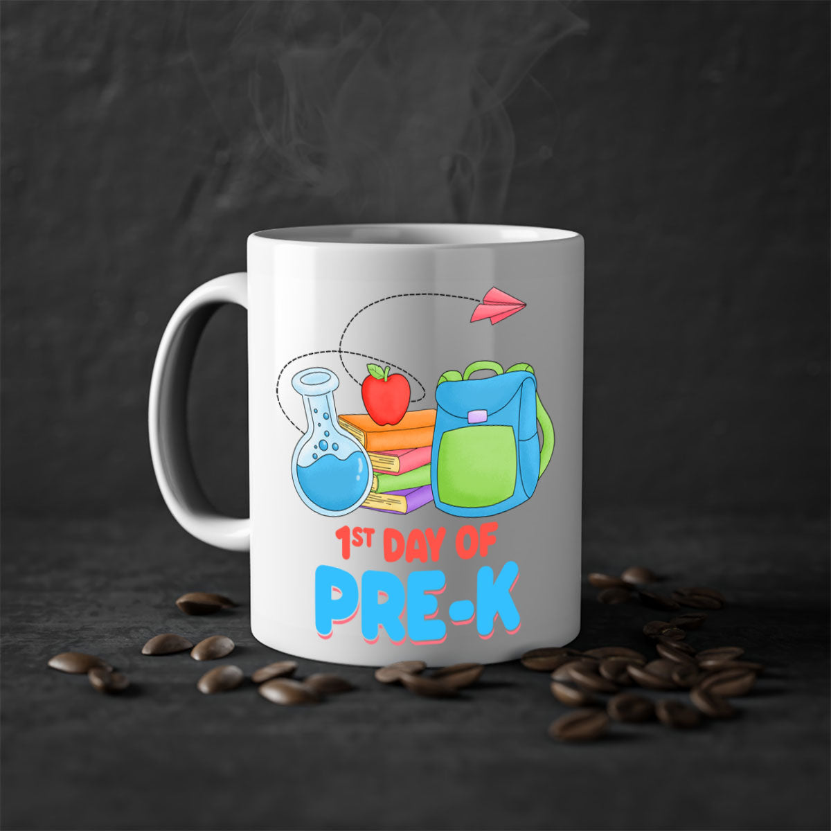A two-tone ceramic coffee mug celebrating the 1st day of PreK, featuring a colored handle and glossy finish.