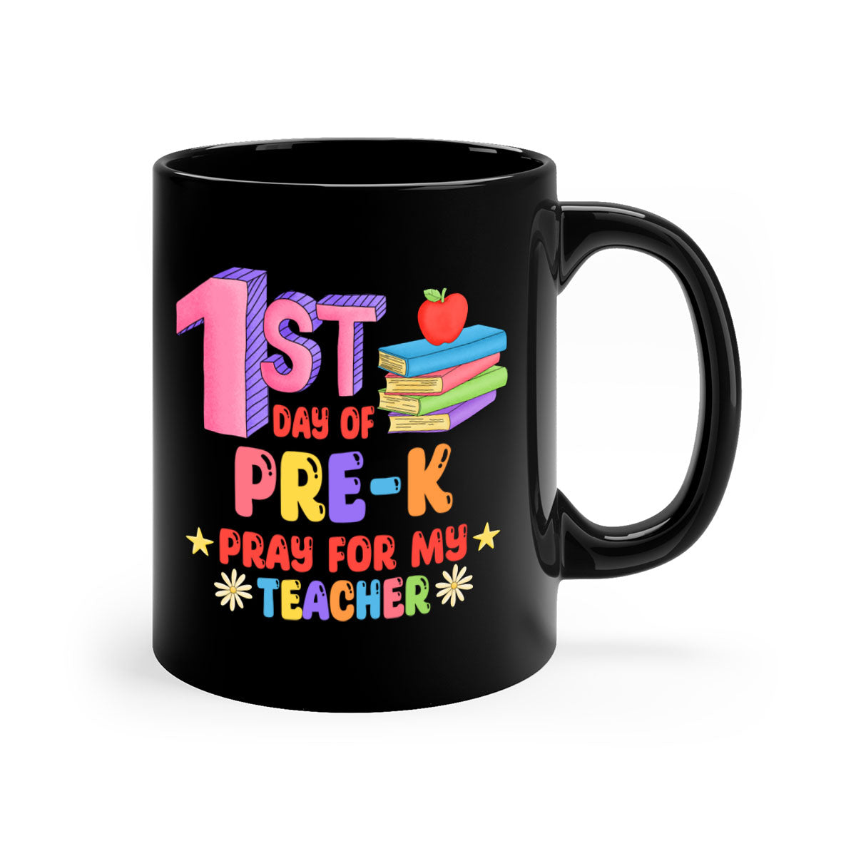 A colorful two-tone ceramic mug featuring the text '1st day of PreK Pray 3#', available in multiple colors with a glossy finish.