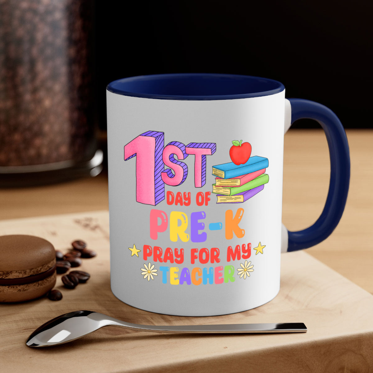 A colorful two-tone ceramic mug featuring the text '1st day of PreK Pray 3#', available in multiple colors with a glossy finish.