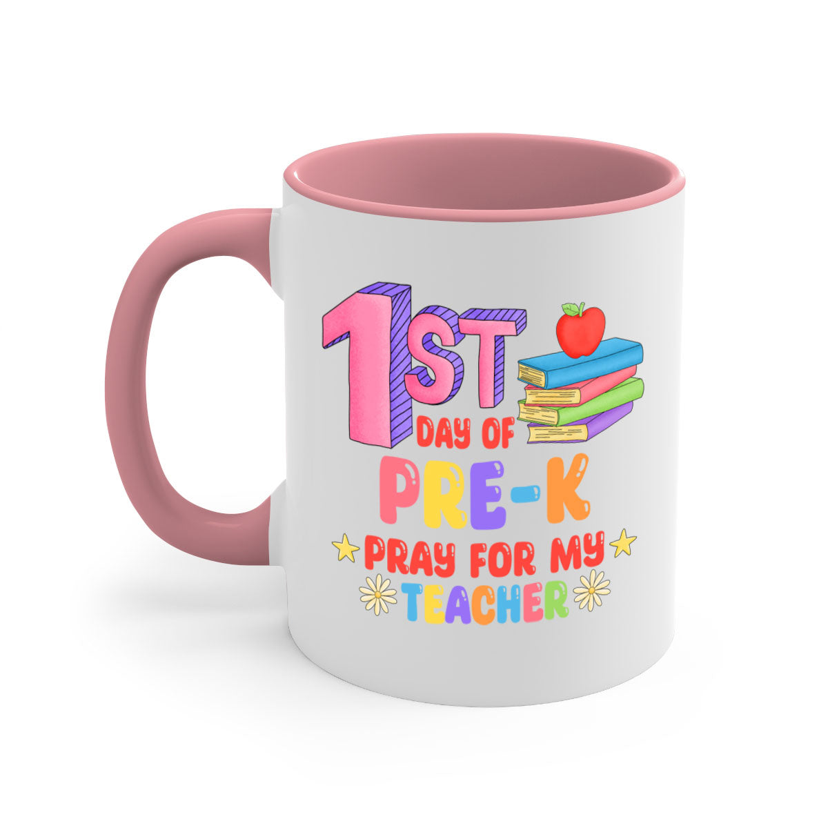 A colorful two-tone ceramic mug featuring the text '1st day of PreK Pray 3#', available in multiple colors with a glossy finish.