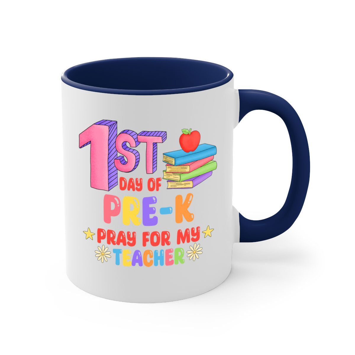 A colorful two-tone ceramic mug featuring the text '1st day of PreK Pray 3#', available in multiple colors with a glossy finish.