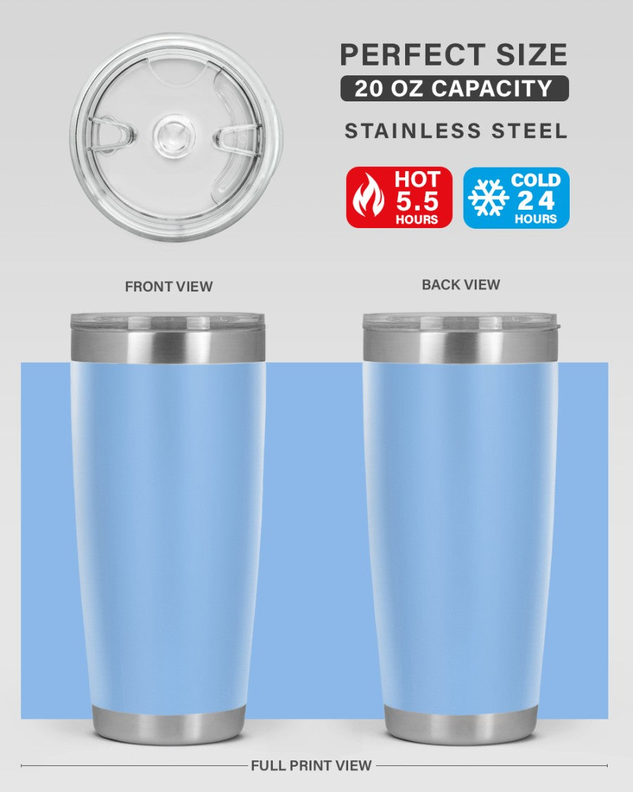 20oz stainless steel tumbler with double wall vacuum insulation, featuring a drink-thru lid, ideal for hot and cold beverages.