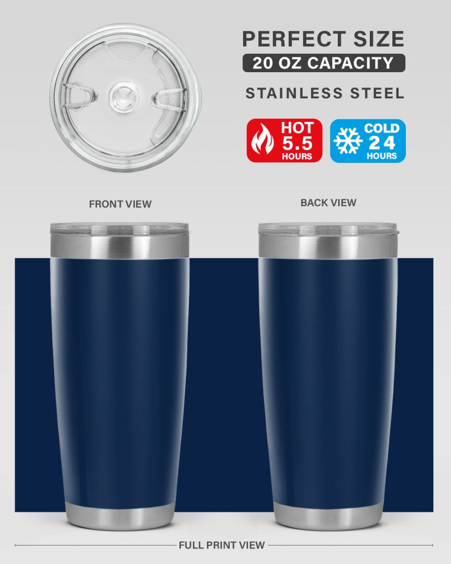 20oz stainless steel tumbler with double wall vacuum insulation, featuring a drink-thru lid, ideal for hot and cold beverages.