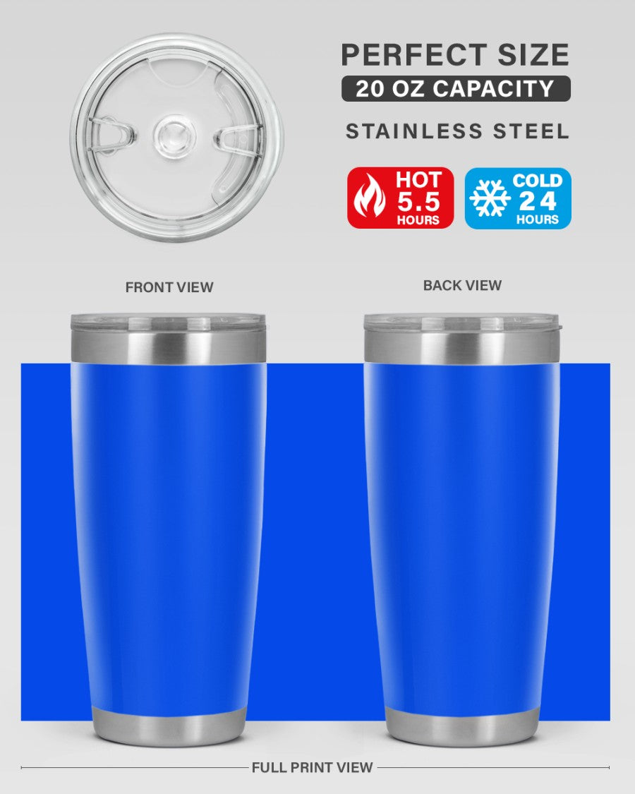 20oz stainless steel tumbler with double wall vacuum insulation, featuring a drink-thru lid, ideal for hot and cold beverages.