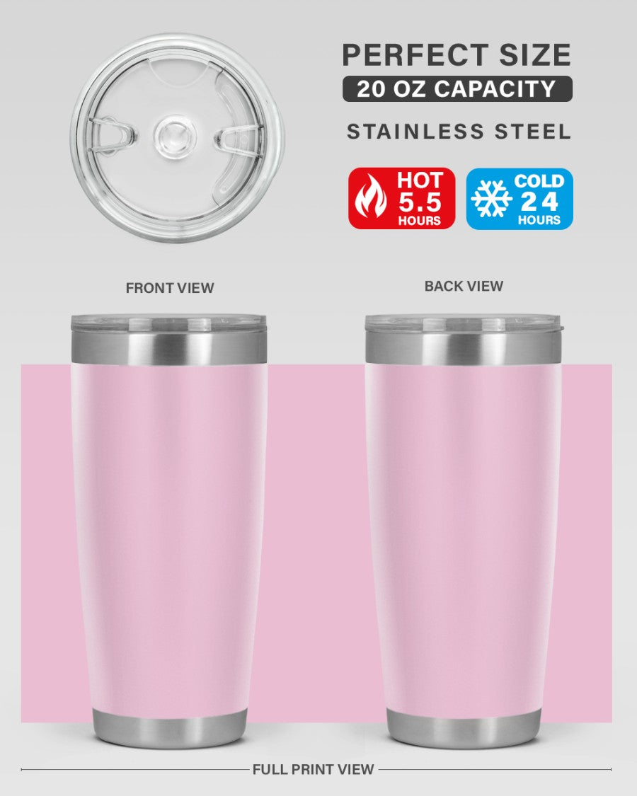 20oz stainless steel tumbler with double wall vacuum insulation, featuring a drink-thru lid, ideal for hot and cold beverages.