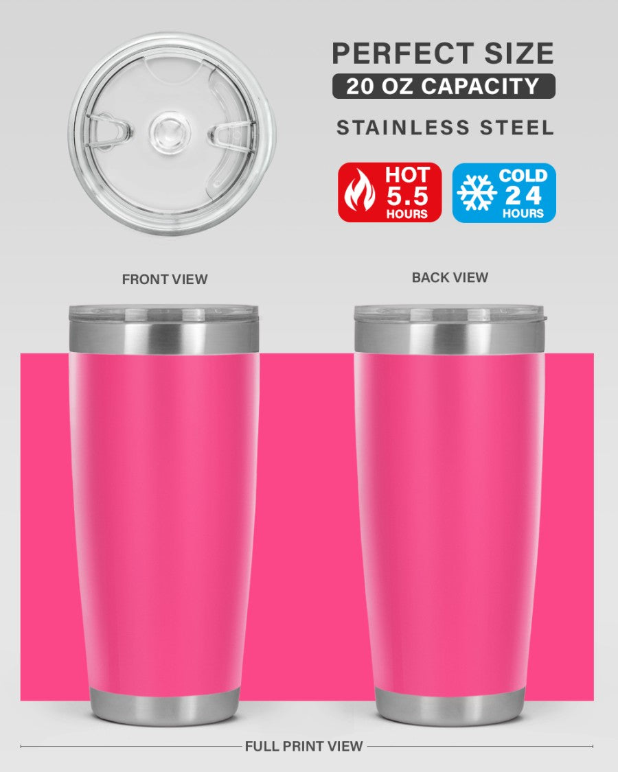 20oz stainless steel tumbler with double wall vacuum insulation, featuring a drink-thru lid, ideal for hot and cold beverages.