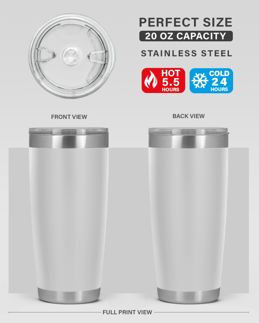 20oz stainless steel tumbler with double wall vacuum insulation, featuring a drink-thru lid, ideal for hot and cold beverages.