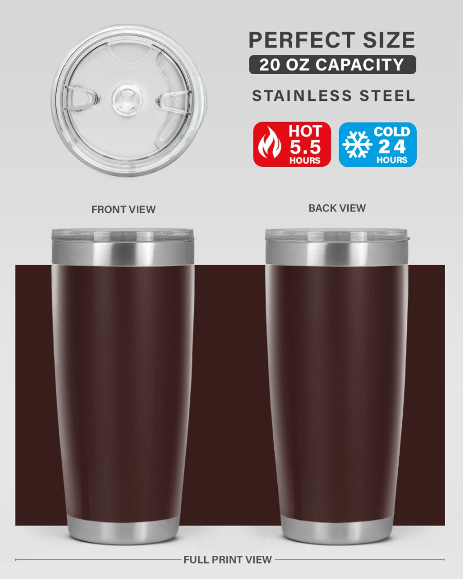 20oz stainless steel tumbler with double wall vacuum insulation, featuring a drink-thru lid, ideal for hot and cold beverages.