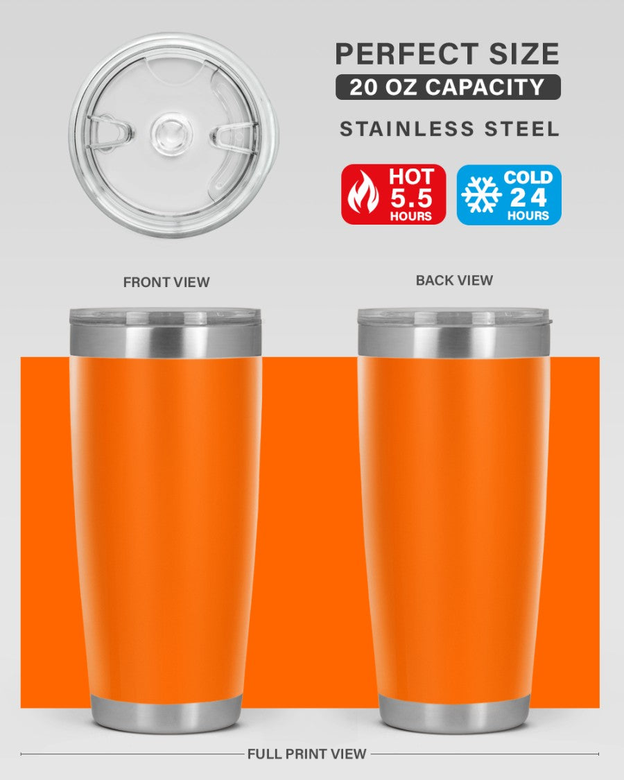 20oz stainless steel tumbler with double wall vacuum insulation, featuring a drink-thru lid, ideal for hot and cold beverages.