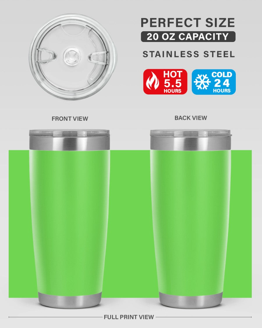 20oz stainless steel tumbler with double wall vacuum insulation, featuring a drink-thru lid, ideal for hot and cold beverages.