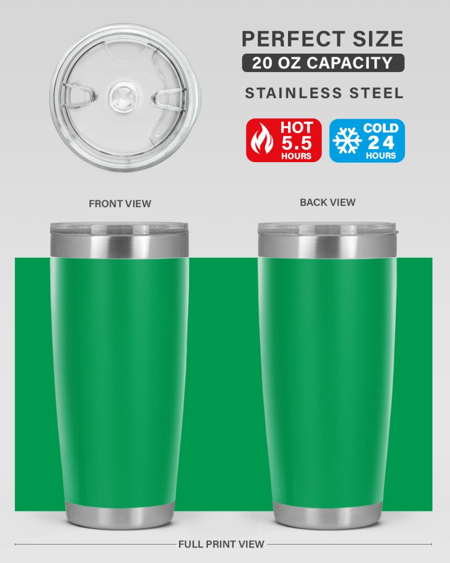 20oz stainless steel tumbler with double wall vacuum insulation, featuring a drink-thru lid, ideal for hot and cold beverages.