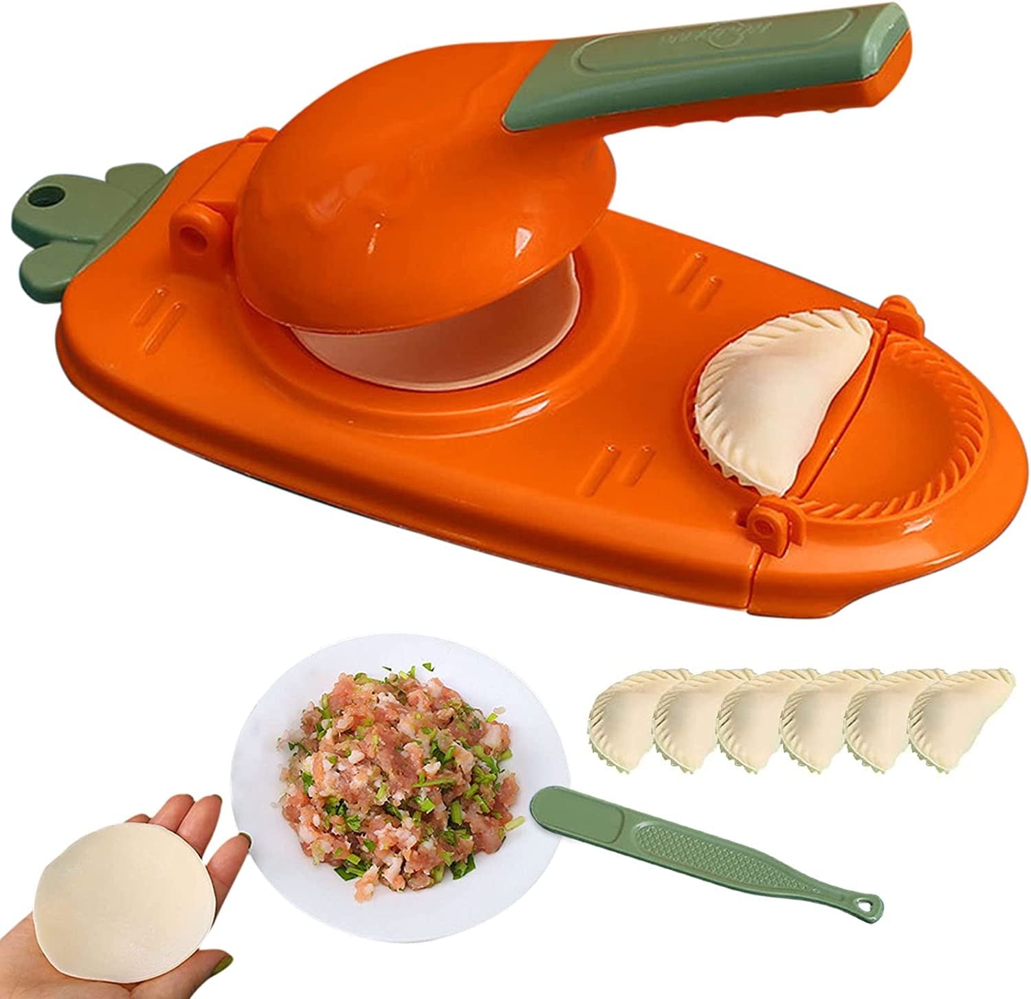 2-in-1 Manual Dough Press for making dumplings and pastries, featuring an ergonomic non-slip handle and compact design.