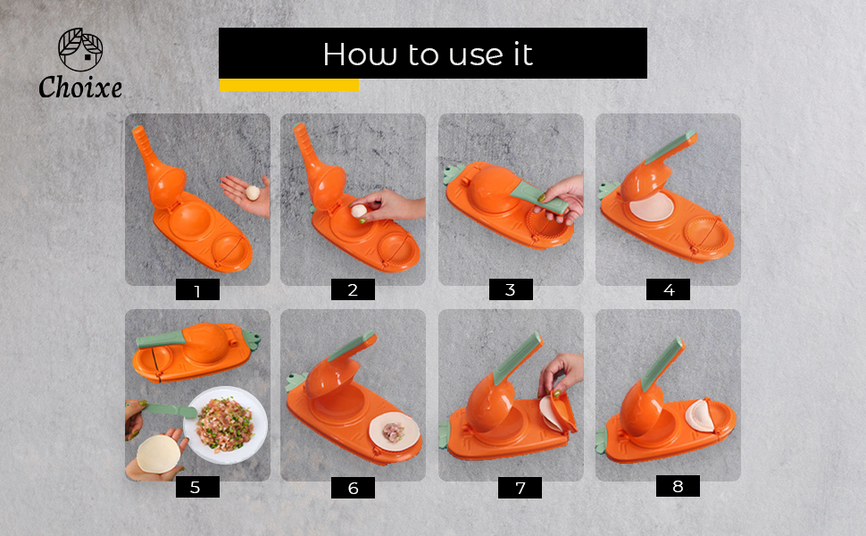 2-in-1 Manual Dough Press for making dumplings and pastries, featuring an ergonomic non-slip handle and compact design.