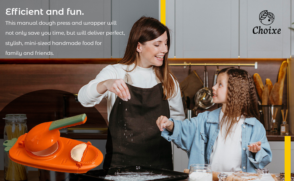 2-in-1 Manual Dough Press for making dumplings and pastries, featuring an ergonomic non-slip handle and compact design.