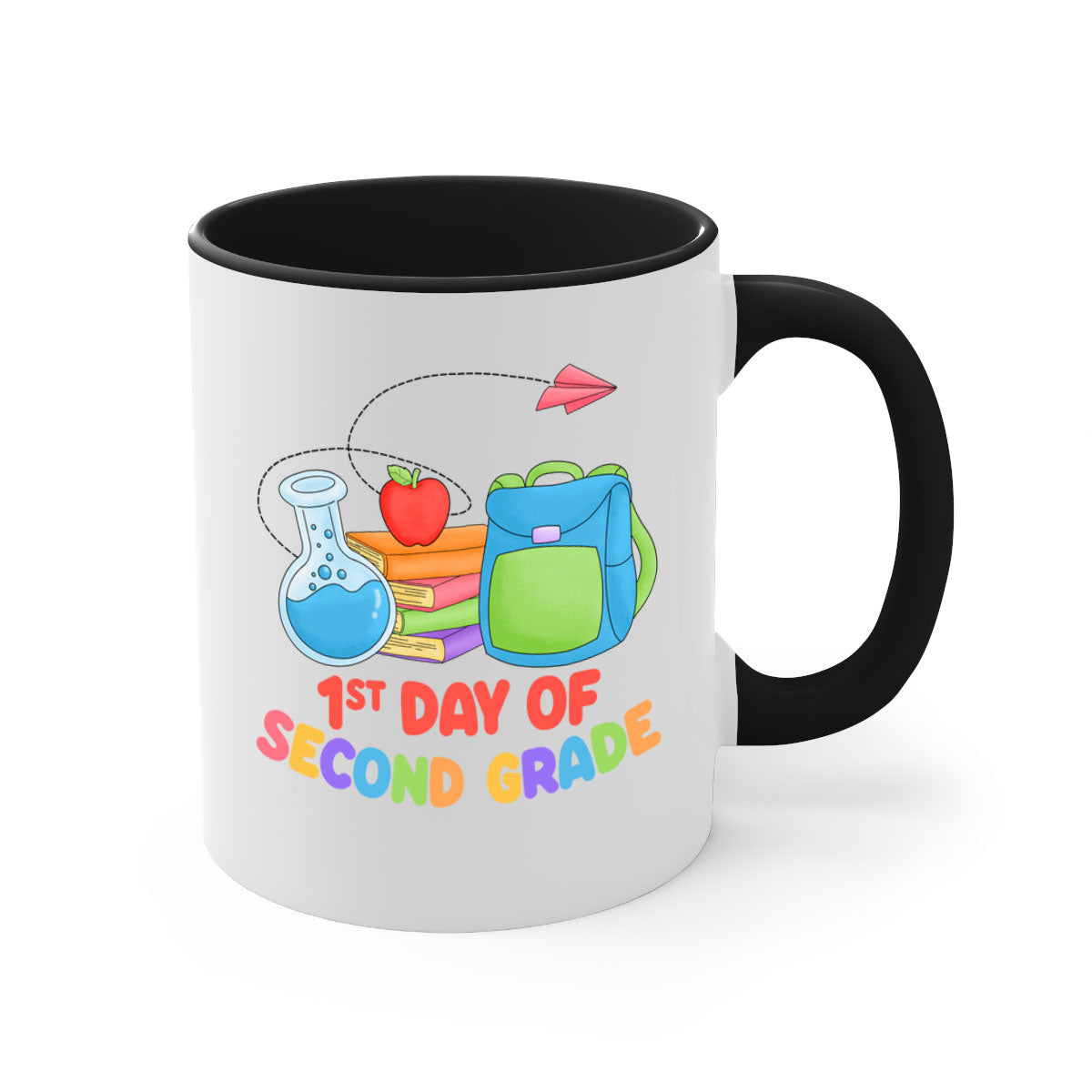 A colorful two-tone ceramic mug celebrating the 2nd day of 2nd grade, featuring a glossy finish and easy-grip handle.