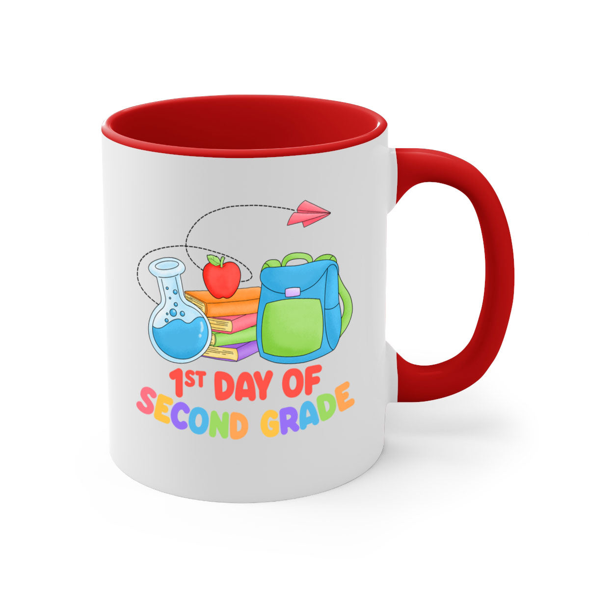 A colorful two-tone ceramic mug celebrating the 2nd day of 2nd grade, featuring a glossy finish and easy-grip handle.
