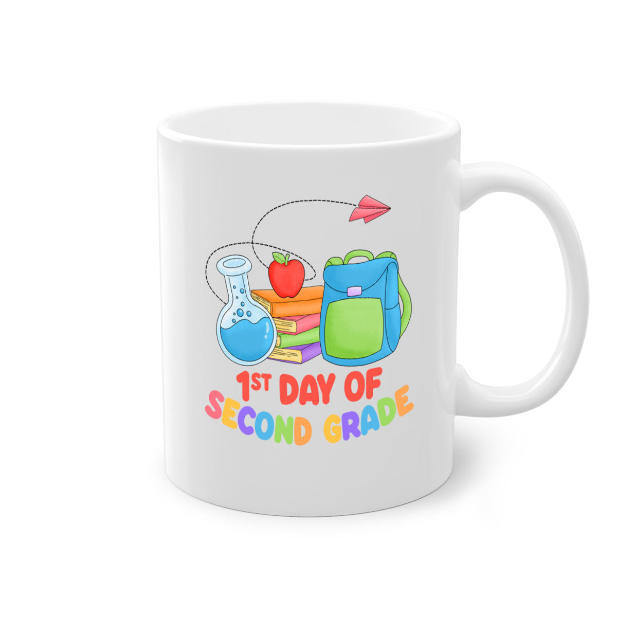A colorful two-tone ceramic mug celebrating the 2nd day of 2nd grade, featuring a glossy finish and easy-grip handle.