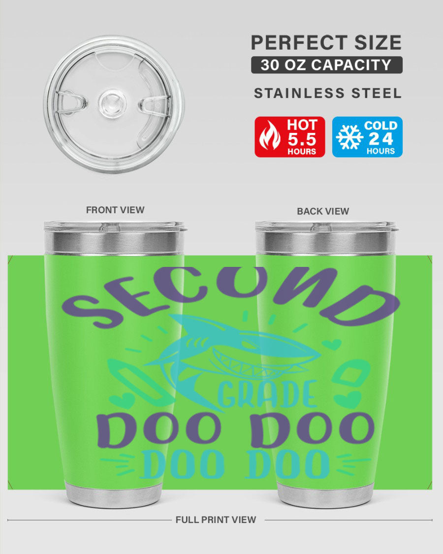 A vibrant 2nd grade doo doo tumbler in stainless steel, showcasing its double wall vacuum design and drink-thru lid.