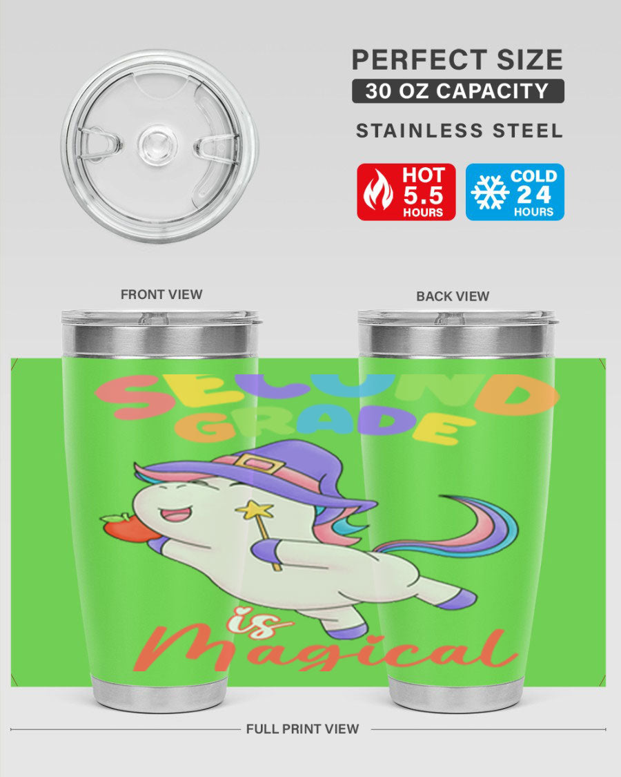 A colorful 20oz tumbler featuring a magical unicorn design, made of stainless steel with a drink-thru lid.