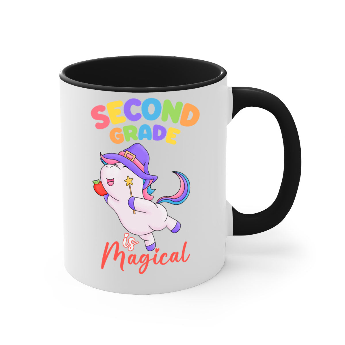 A colorful 2nd Grade is Magical Unicorn Mug with a glossy finish, featuring a unicorn design and a C-shaped handle, available in multiple colors.