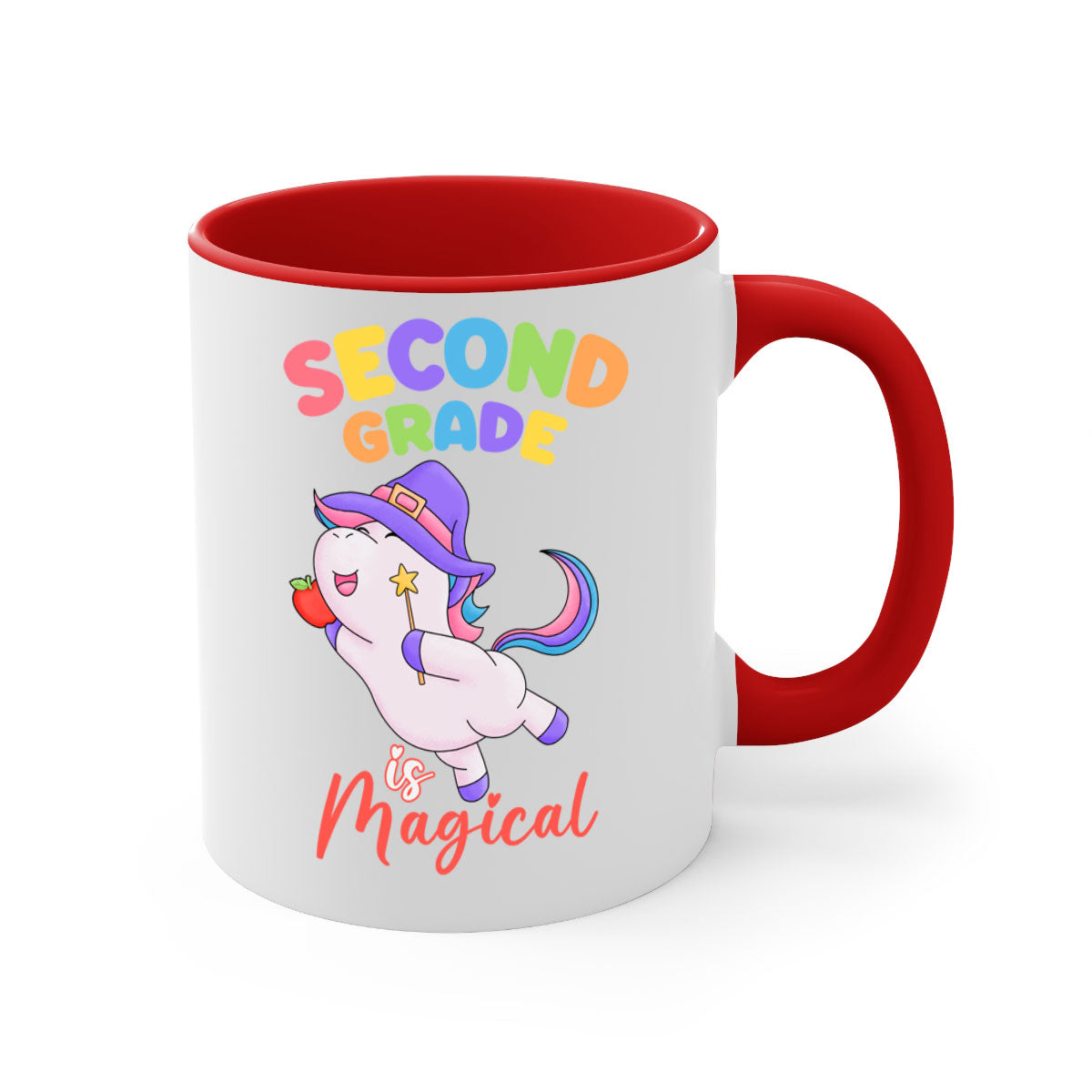 A colorful 2nd Grade is Magical Unicorn Mug with a glossy finish, featuring a unicorn design and a C-shaped handle, available in multiple colors.