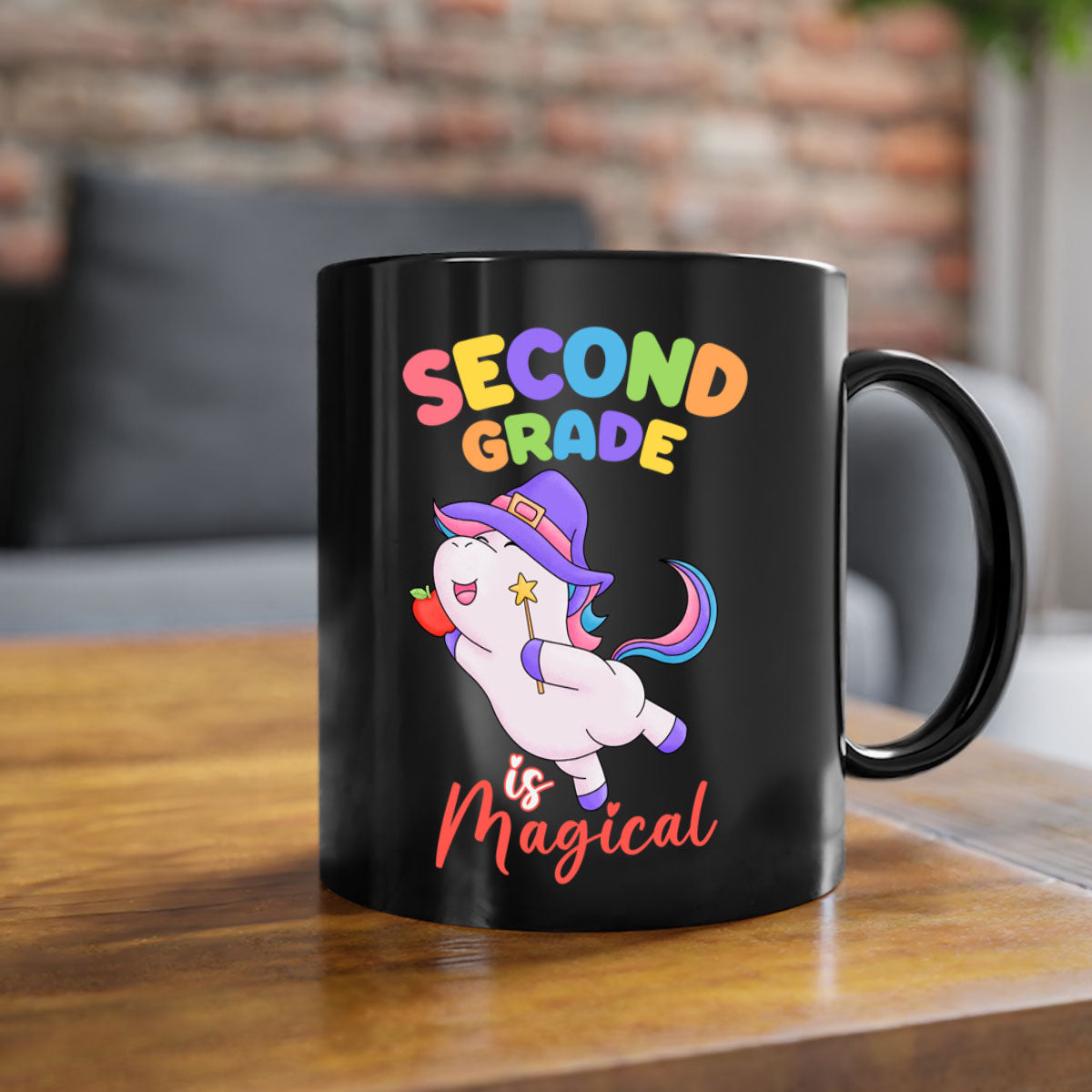 A colorful 2nd Grade is Magical Unicorn Mug with a glossy finish, featuring a unicorn design and a C-shaped handle, available in multiple colors.