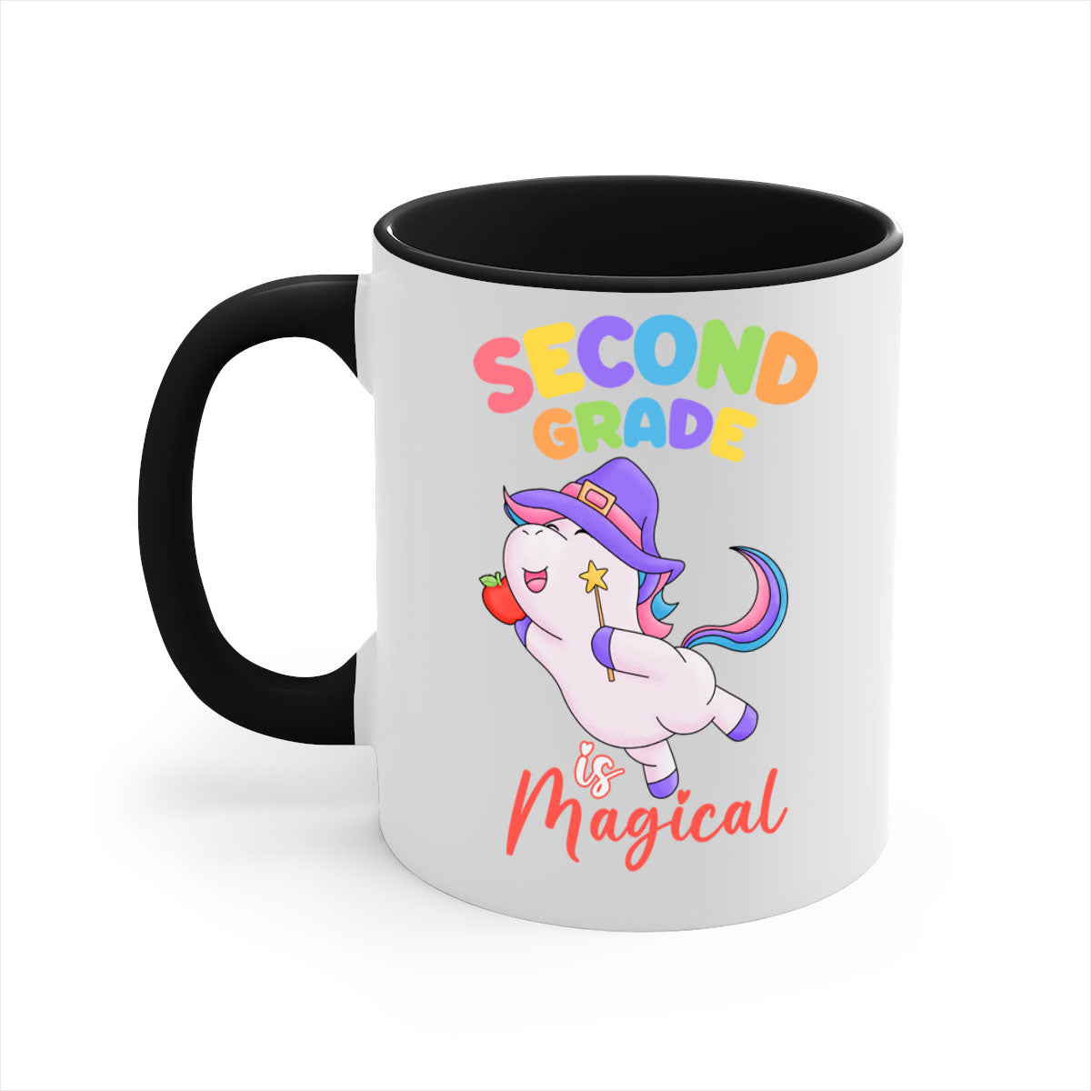 A colorful 2nd Grade is Magical Unicorn Mug with a glossy finish, featuring a unicorn design and a C-shaped handle, available in multiple colors.