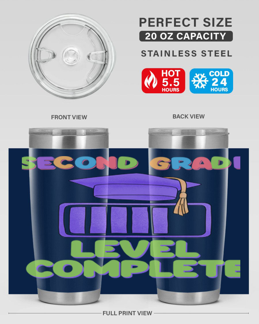 A 20oz stainless steel tumbler with a vibrant design, featuring a press-in lid and double wall vacuum insulation for temperature retention.