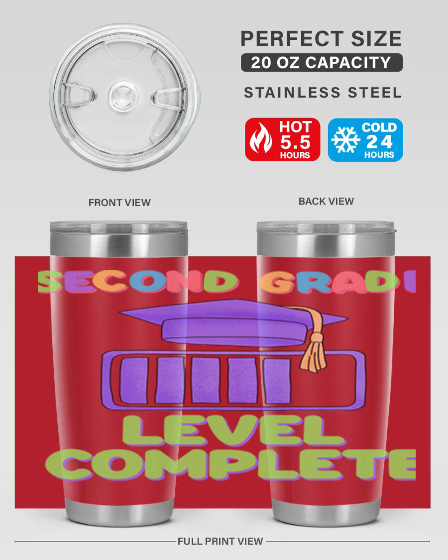 A 20oz stainless steel tumbler with a vibrant design, featuring a press-in lid and double wall vacuum insulation for temperature retention.