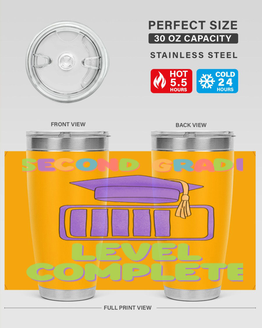 A 20oz stainless steel tumbler with a vibrant design, featuring a press-in lid and double wall vacuum insulation for temperature retention.