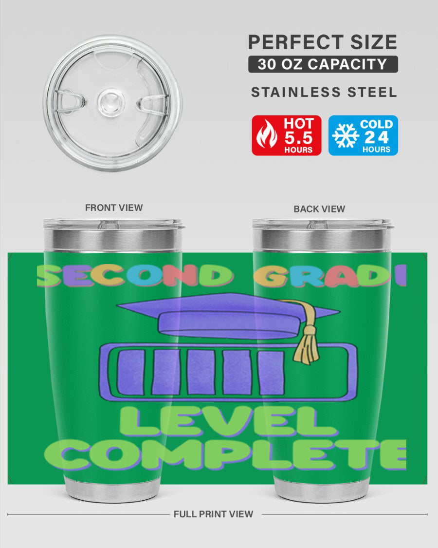 A 20oz stainless steel tumbler with a vibrant design, featuring a press-in lid and double wall vacuum insulation for temperature retention.