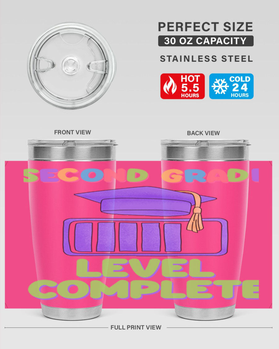 A 20oz stainless steel tumbler with a vibrant design, featuring a press-in lid and double wall vacuum insulation for temperature retention.