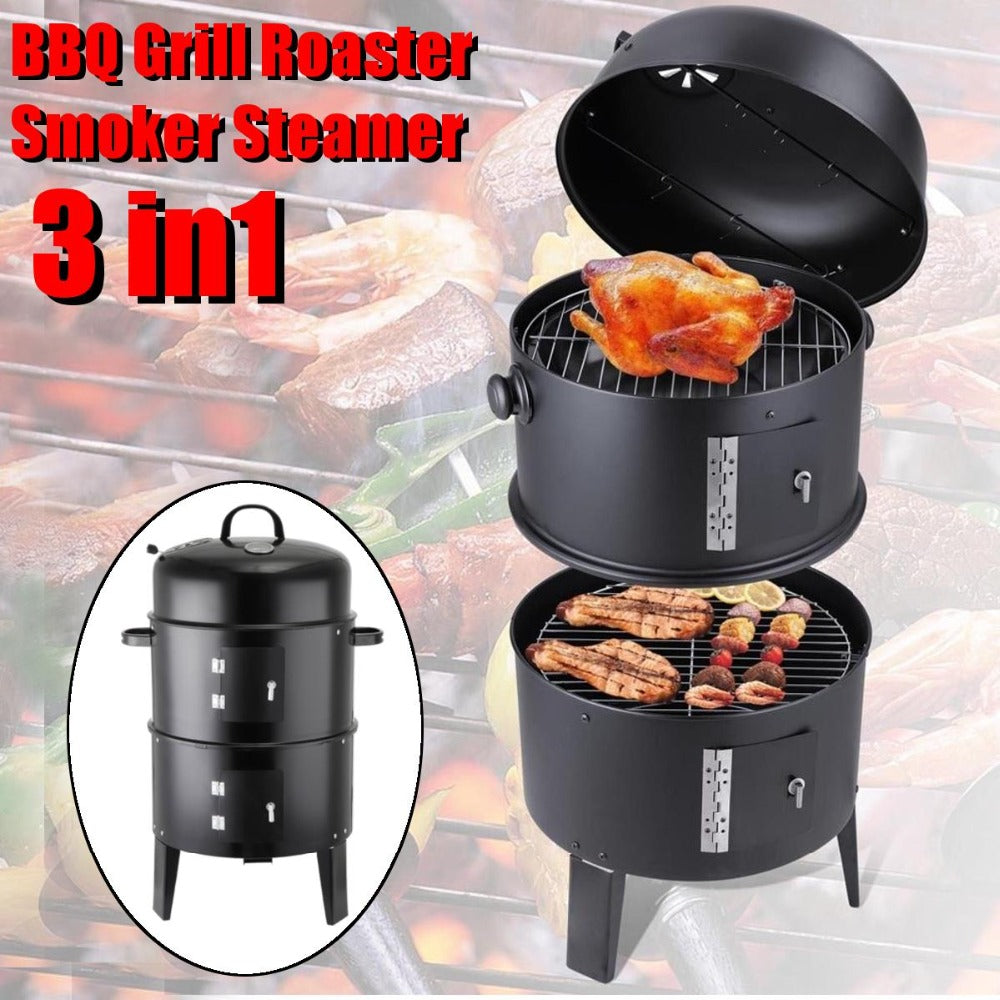 3 in 1 Multi Layer Outdoor BBQ Grill Roaster showcasing its three layers and dual door design for versatile cooking.