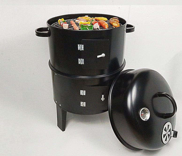 3 in 1 Multi Layer Outdoor BBQ Grill Roaster showcasing its three layers and dual door design for versatile cooking.