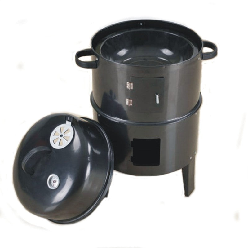 3 in 1 Multi Layer Outdoor BBQ Grill Roaster showcasing its three layers and dual door design for versatile cooking.