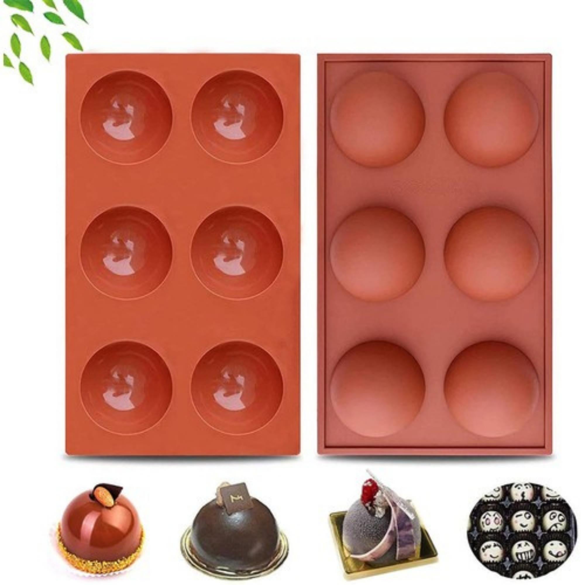 Three red silicone molds for making semi-sphere chocolate bombs, featuring six compartments each.