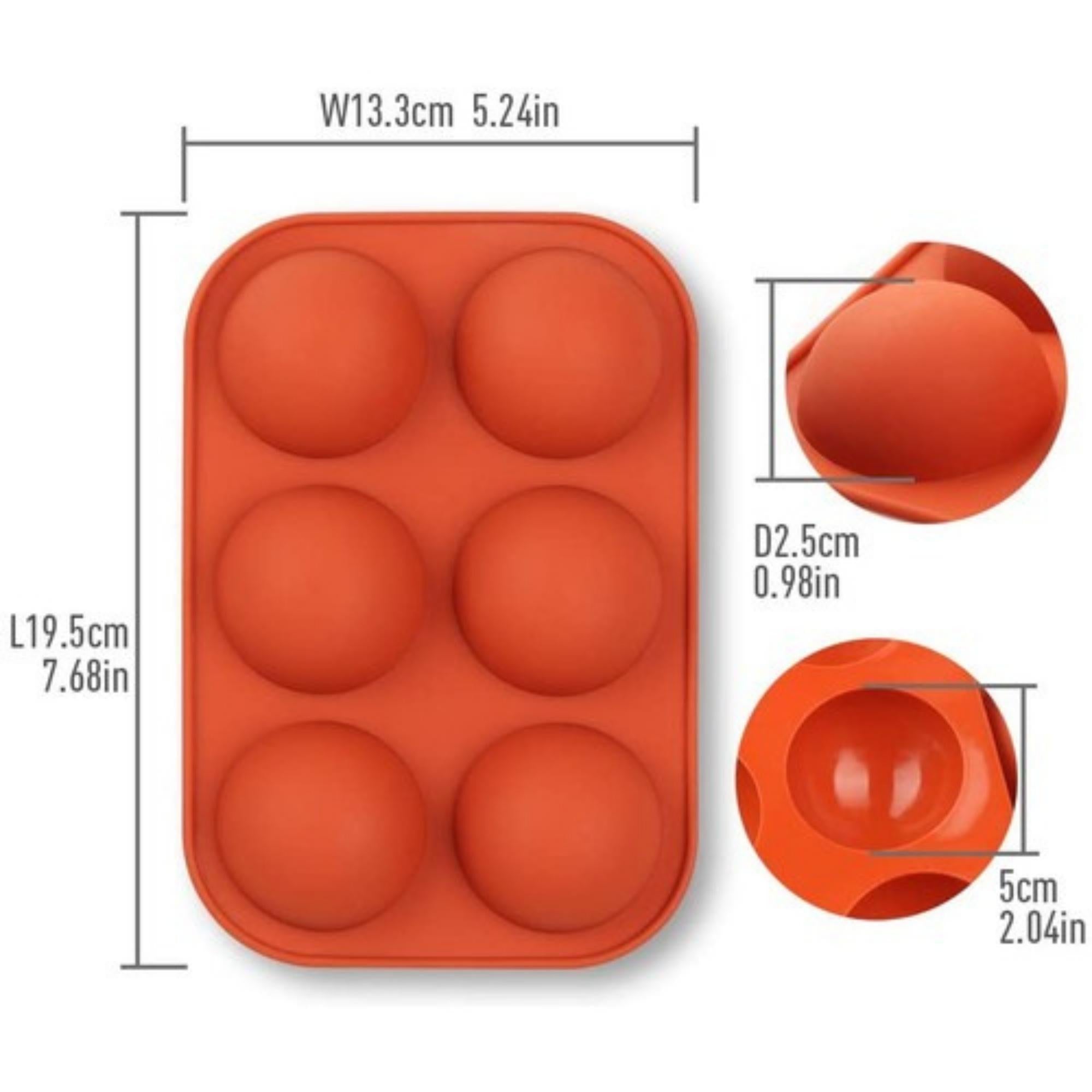 Three red silicone molds for making semi-sphere chocolate bombs, featuring six compartments each.