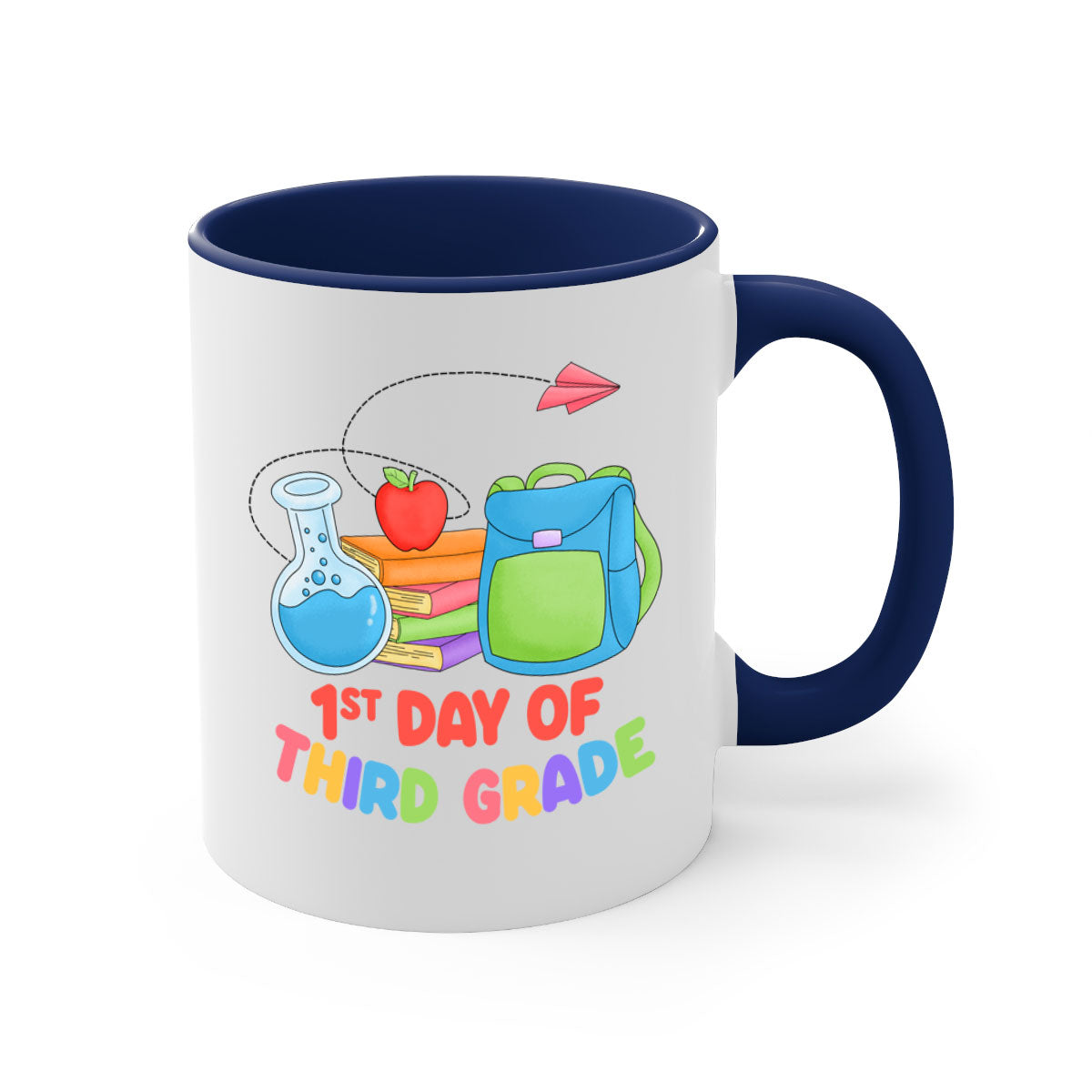 A colorful ceramic mug featuring a glossy finish, designed for coffee or tea, with a colored handle and interior, celebrating the 3rd day of 3rd grade.