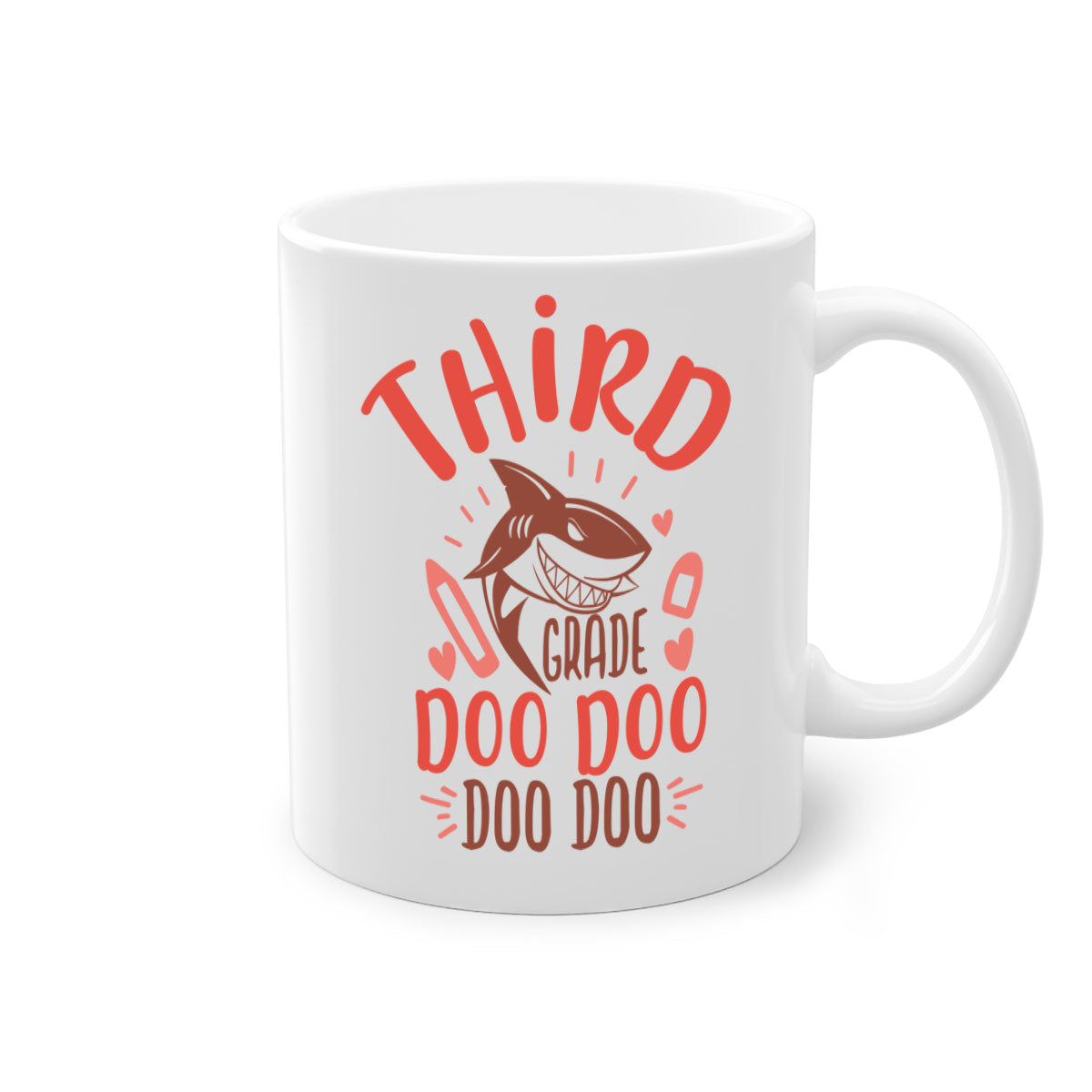 A colorful 3rd grade doo doo mug with a glossy finish, featuring a colored handle and interior, available in multiple sizes.