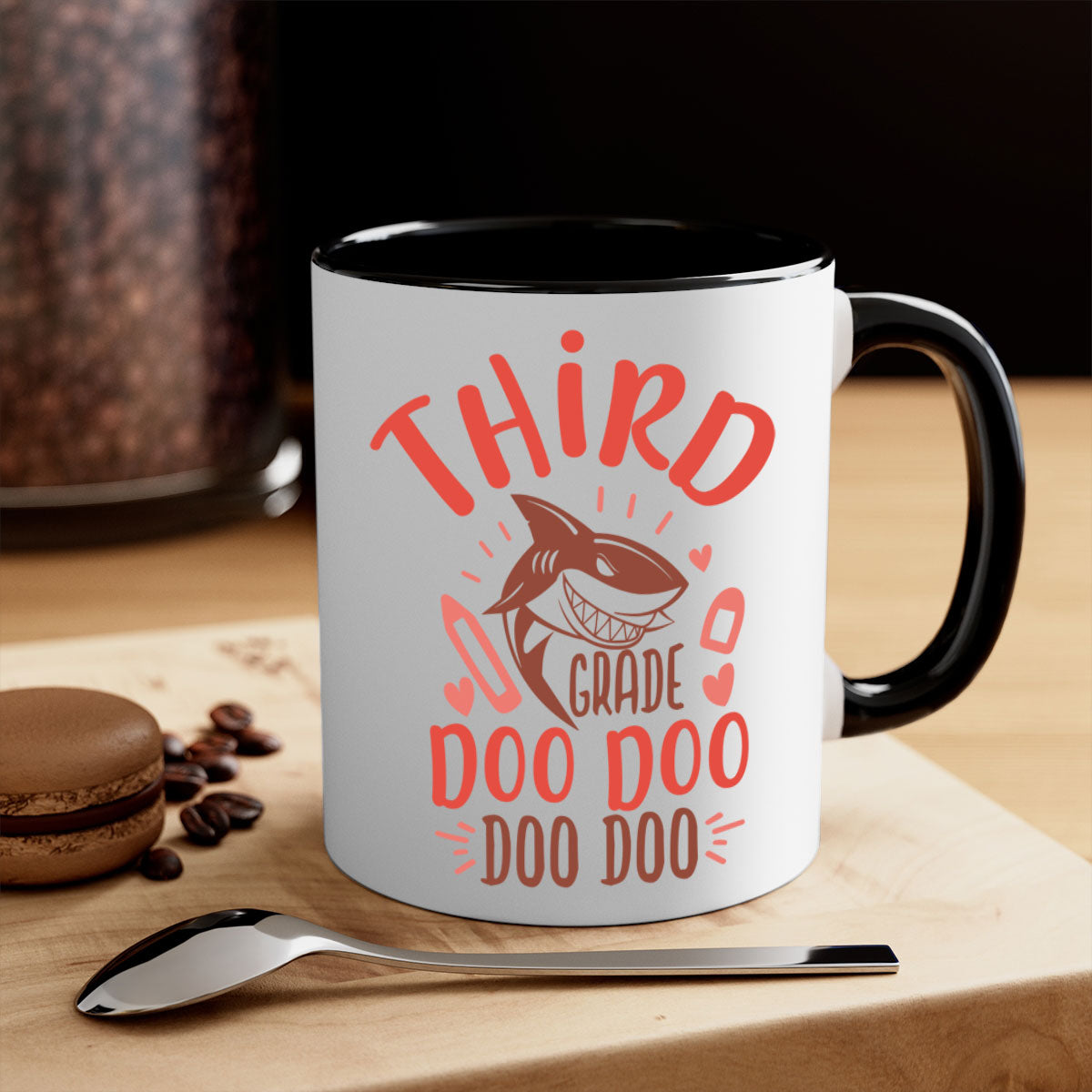 A colorful 3rd grade doo doo mug with a glossy finish, featuring a colored handle and interior, available in multiple sizes.