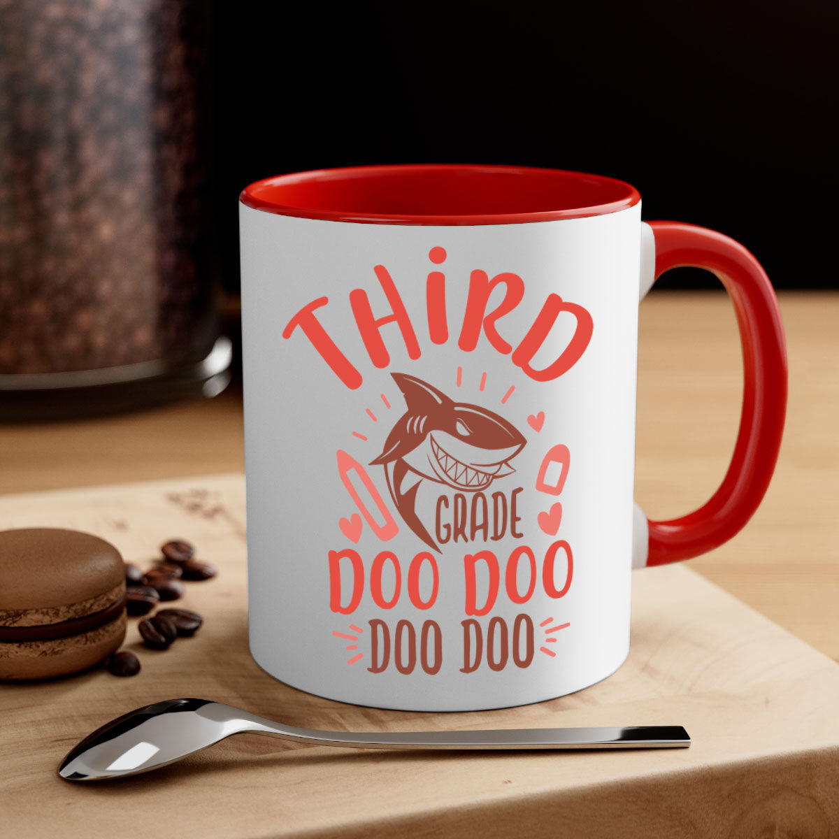 A colorful 3rd grade doo doo mug with a glossy finish, featuring a colored handle and interior, available in multiple sizes.