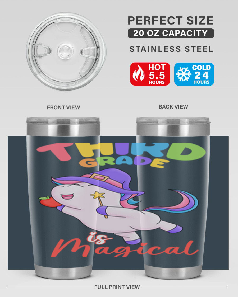 A colorful 20oz tumbler featuring a magical unicorn design, made of stainless steel with a drink-thru lid.