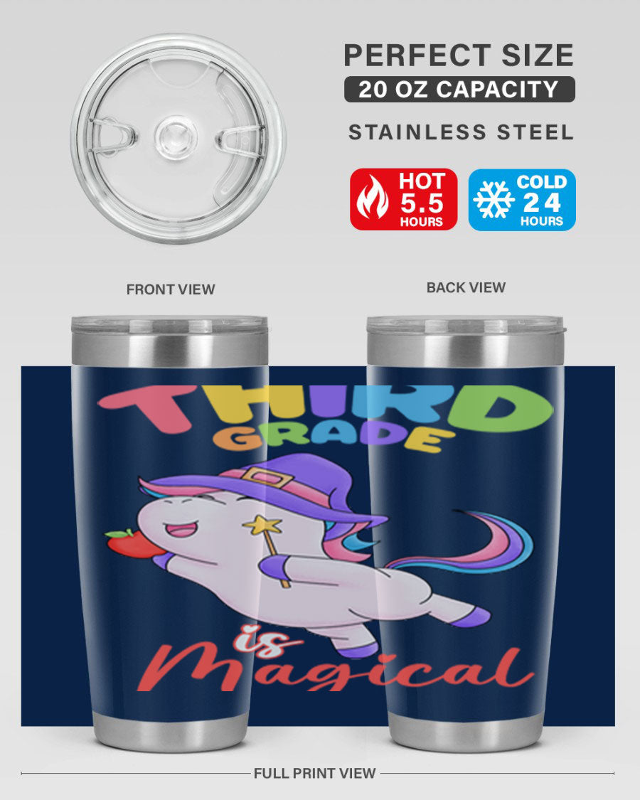 A colorful 20oz tumbler featuring a magical unicorn design, made of stainless steel with a drink-thru lid.